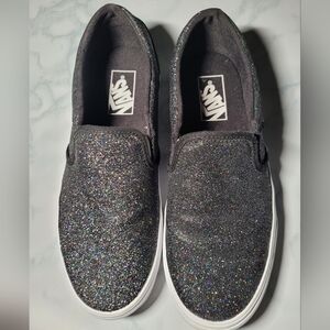 Vans Asher Glitter Sidewall Metallic Black Women's Casual Slip-On Shoes Size 9